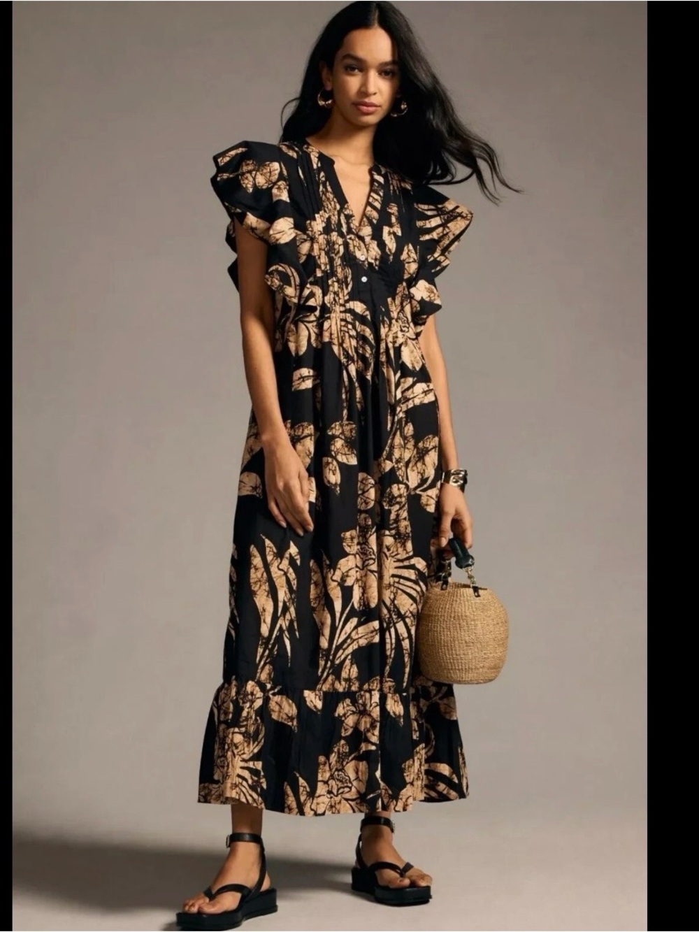 Maeve Black Maxi Dress with Beige Floral Print